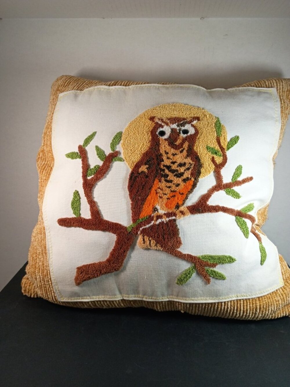 Vintage 70s Handmade Owl On Branch Latch Hook Throw Accent Pillow MCM